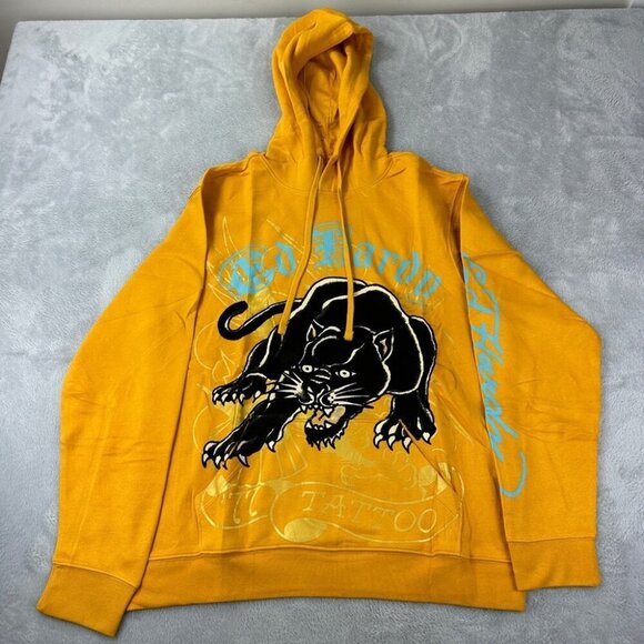 Ed Hardy NWT Men's Size Medium Crouching Panther Yellow Fleece Pullover Hoodie - Picture 1 of 12